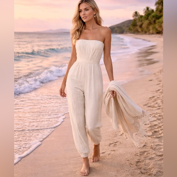 NBD Pants - NBD Larkin Jumpsuit Ivory Strapless Corseted w/Pocket, Jumpsuit Elastic,Size L